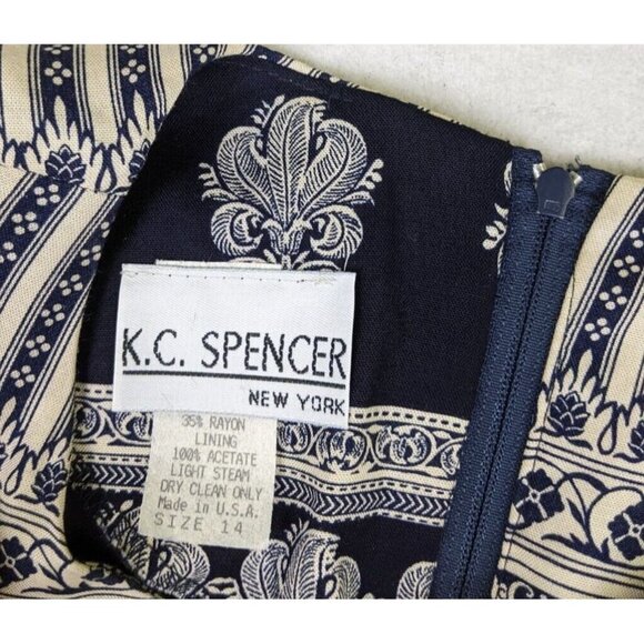 KC SPENCER - VINTAGE 80s 90s WOMEN'S BLUE & BEIGE PRINT SHEATH DRESS - SIZE 14 - Picture 3 of 6